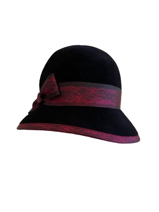 Louise Green Black Burgundy Lace Ribbon Bow Hat Cloche Style 100% Wool USA main image 11